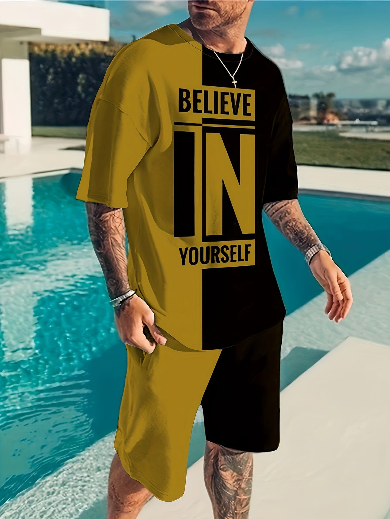 "Men's Summer 2Pcs Casual Outfit ""Believe In Yourself"" Motivational Tee and Adjustable Drawstring Shorts - Breathable, Stylish & Versatile