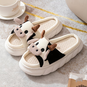 Women's Cartoon Cute Cow House Slippers, Platform Soft Sole Anti-slip Warm Plush Home Slides, Women's Indoor Cozy Shoes