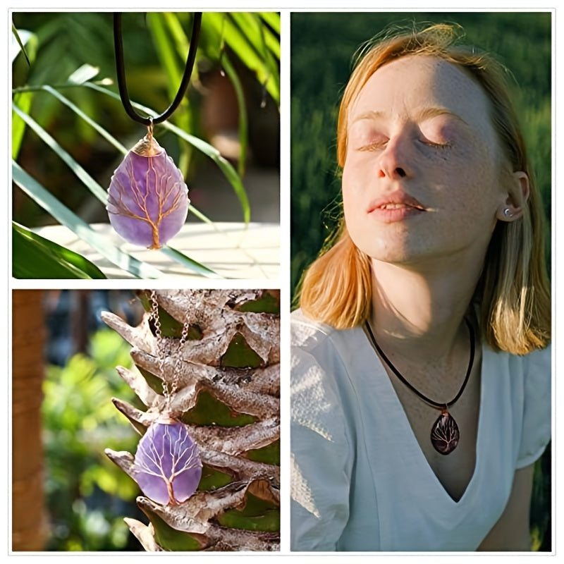 1pc Tree Of Life Teardrop Heart Amethyst Opal Pendant Necklace Copper Wire Wrapped Gemstone Healing Chakra Necklace Choker