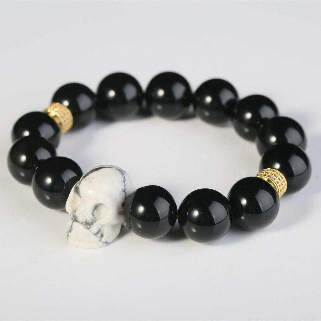 Black Obsidian Quartz Bracelet Howlite Skull Men Fashion Healing Crystal Beads