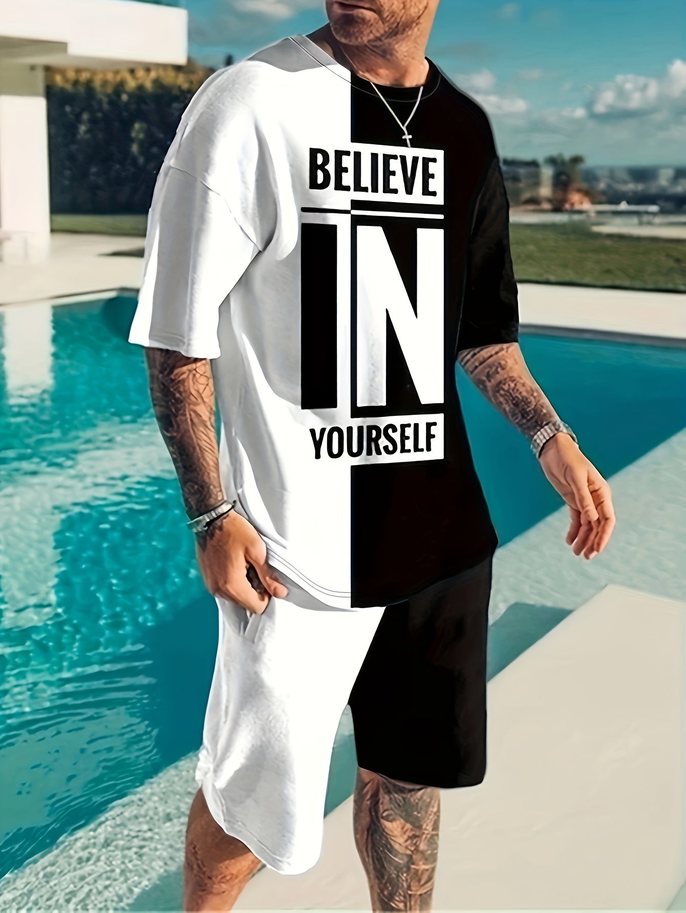 "Men's Summer 2Pcs Casual Outfit ""Believe In Yourself"" Motivational Tee and Adjustable Drawstring Shorts - Breathable, Stylish & Versatile