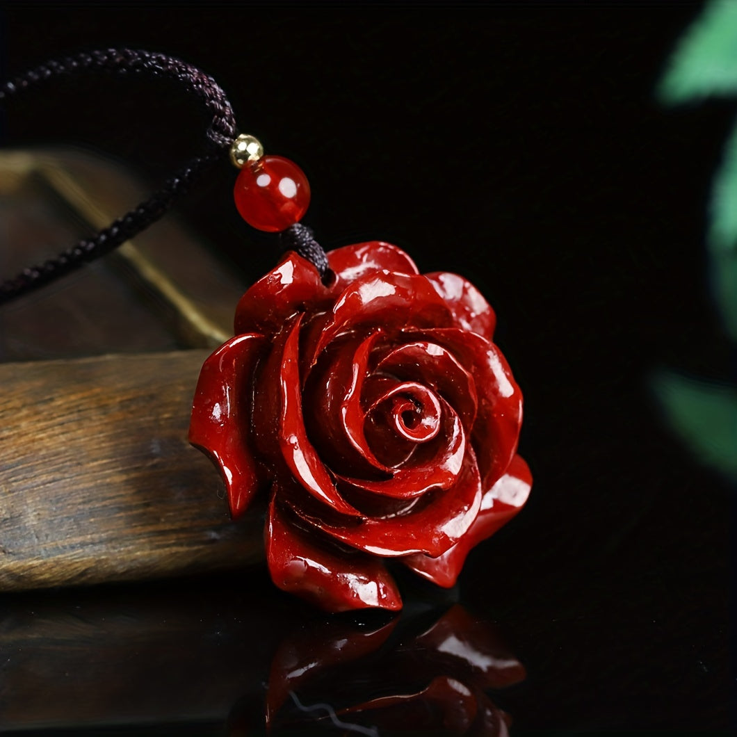 Natural Cinnabar Double Sided Carved Rose Necklace Pendant Good Luck Necklace