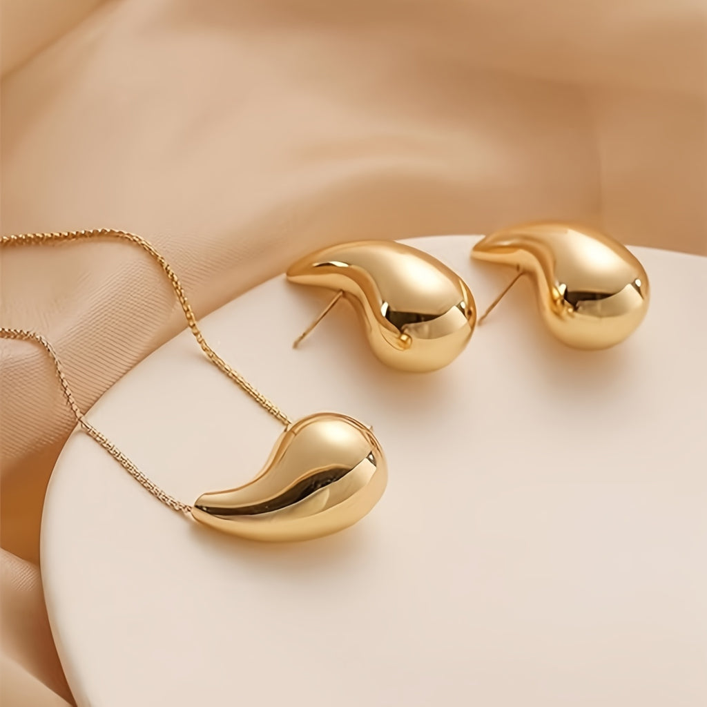 1 Pair Of Earrings + 1 Necklace Chic Jewelry Set 14k Gold Plated Chunky Waterdrop Design Golden Or Silvery Make Your Call Match Daily Outfit