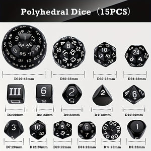 15 Pieces Complete Polyhedral D3-D100 Spherical RPG Dice Set In Opaque Black, 100 Sides For Role Playing Table Games Party Supplies