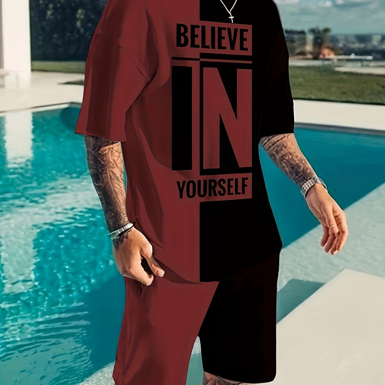 "Men's Summer 2Pcs Casual Outfit ""Believe In Yourself"" Motivational Tee and Adjustable Drawstring Shorts - Breathable, Stylish & Versatile