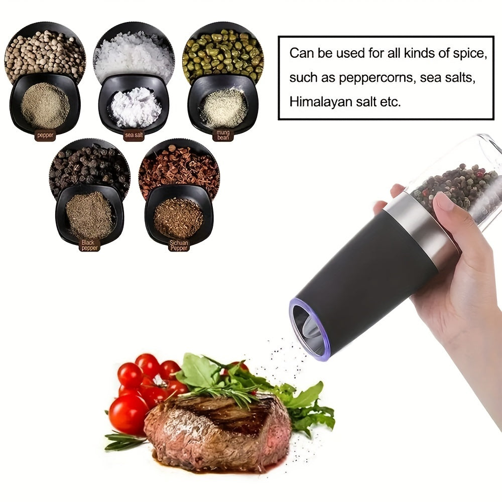 2pcs, Pepper Grinder, Household Sea Salt Ginder, Gravity Electric Adjustable Spice Grinder, Automatic Pepper Mill, Battery Powered With LED