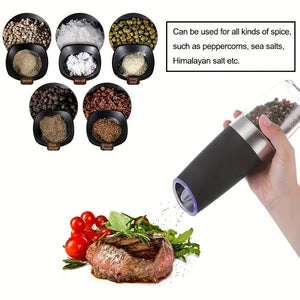 2pcs, Pepper Grinder, Household Sea Salt Ginder, Gravity Electric Adjustable Spice Grinder, Automatic Pepper Mill, Battery Powered With LED