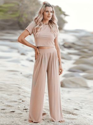 Chic Cropped Top & Flowy Wide-Leg Pants Set - Relaxed Fit, Breathable Fabric - Versatile Style for Any Occasion, Women's Ensemble