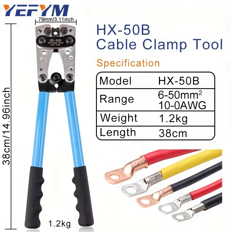 1 Set Battery Cable Copper Lug Crimping Tool, HX-50B 10-1 AWG With 60Pcs Copper Ring Terminals, 8 Sizes Cable Lugs Set