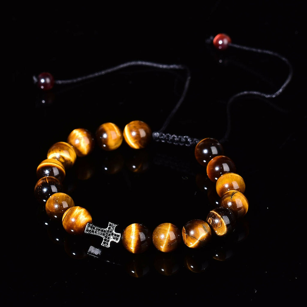 Natural Tigers Eye Quartz Reiki Crystal Cross Fashion Chakra Bracelet Adjustable