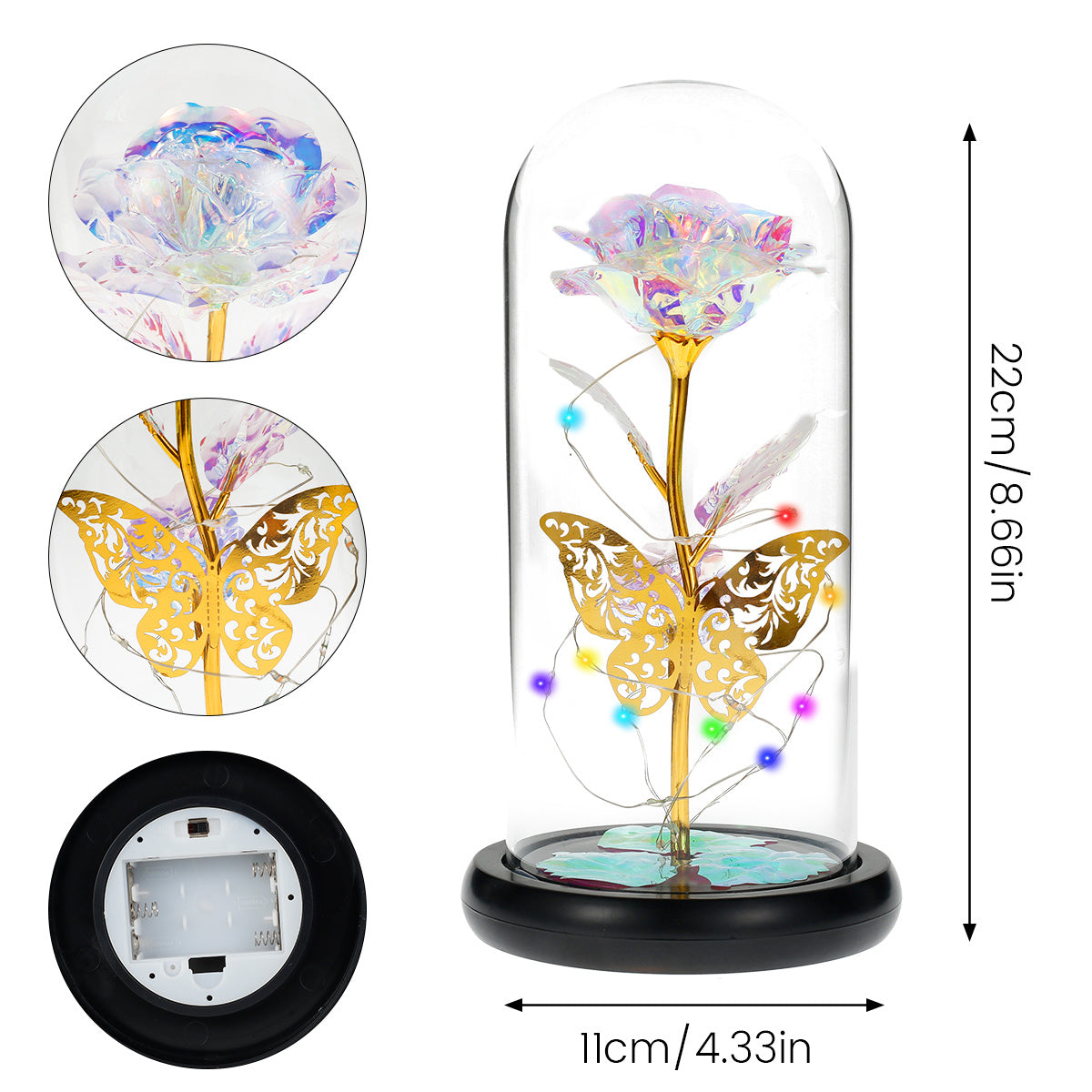 Romantic LED Rose Butterfly Lamp in Glass Dome - Perfect Home Decor and Gift for Weddings, Birthdays, Valentine's Day, and Mother's Day (Bat