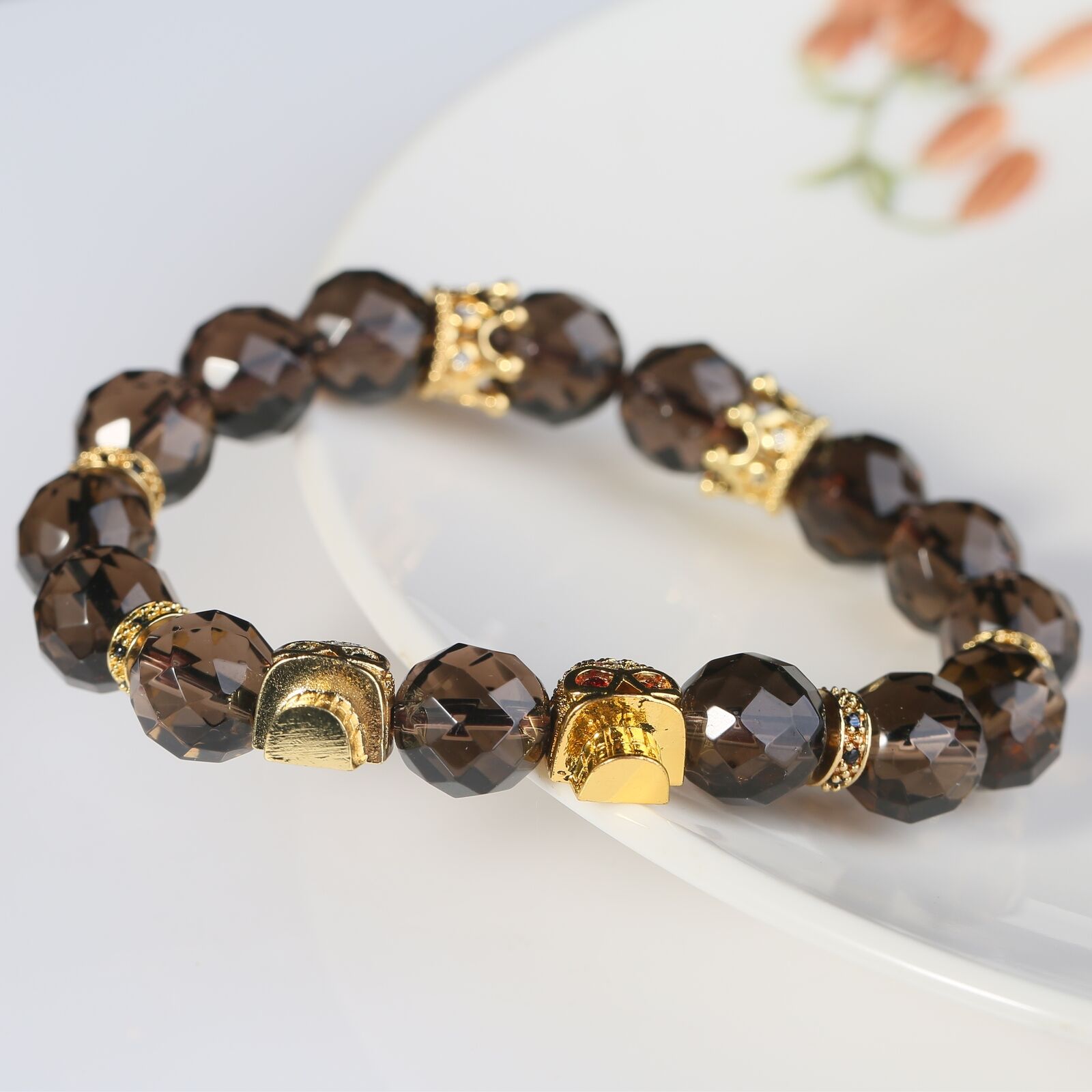 Bracelets Men Fashion Jewelry Twin Skulls Smoky Quartz Citrine Healing Gothic