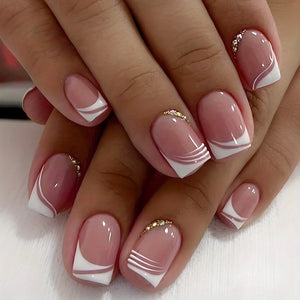 24pcs Glossy Pink Press On Nails with Rhinestone Accents and French White Edge Design - Full Coverage Fake Nails for Women and Girls