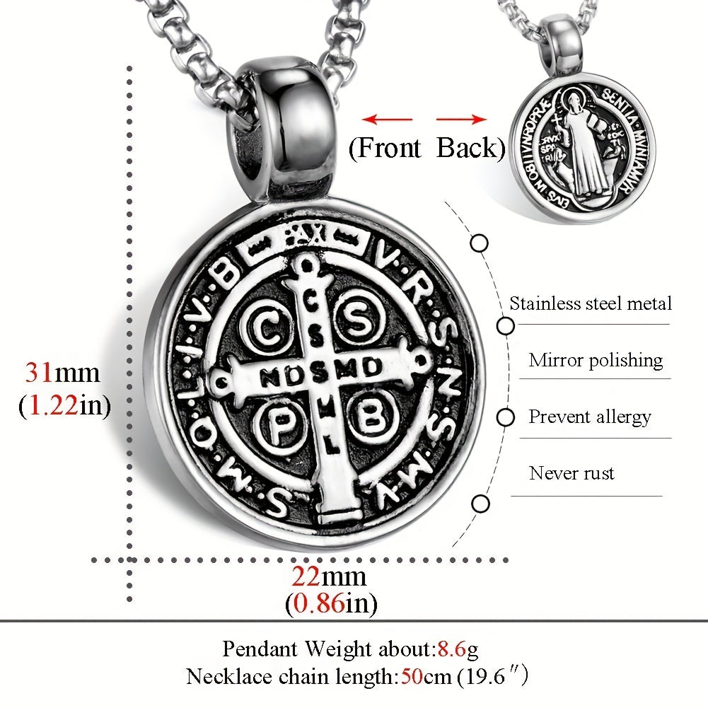 Men's St Benedict Exorcism Medal Stainless Steel Pendant Necklace