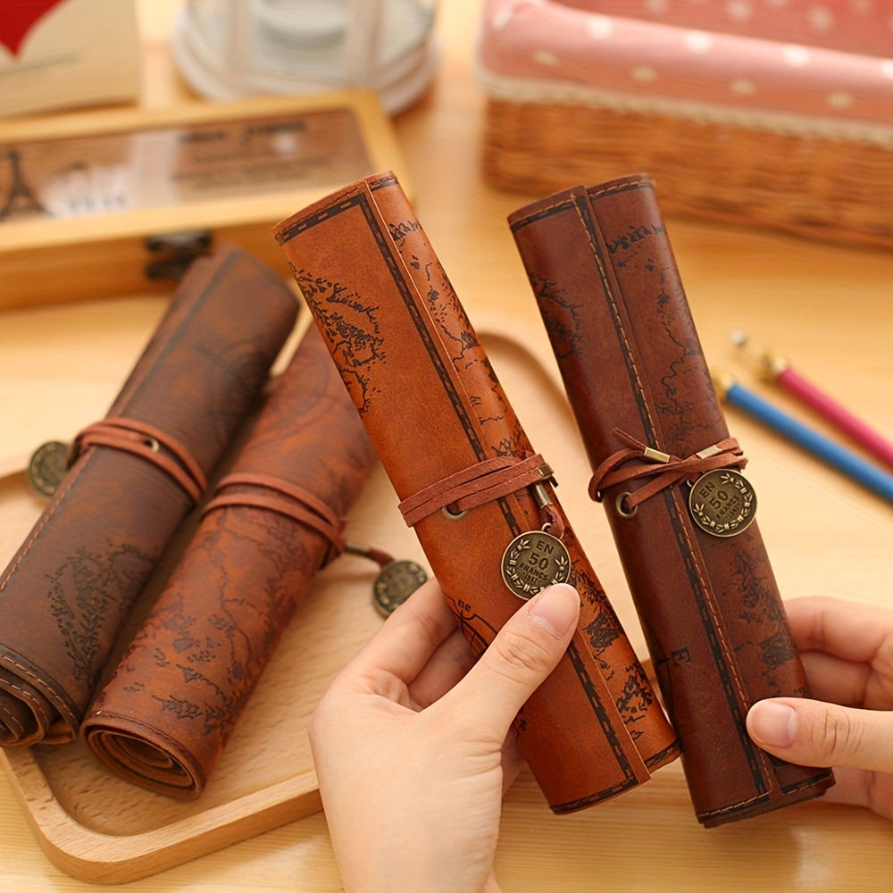 Vintage Retro Treasure Map Luxury Roll Leather Make Up PU Cosmetic Pen Pencil Case Pouch Purse Bag For School HOT