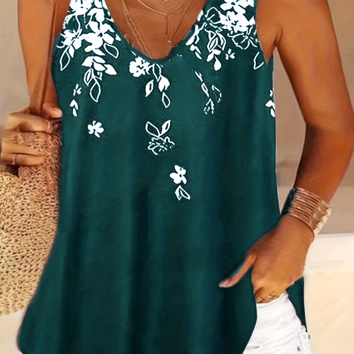 Versatile Plus Size Floral V-Neck Tank Top - Comfortable Stretch Knit, Perfect for All Seasons