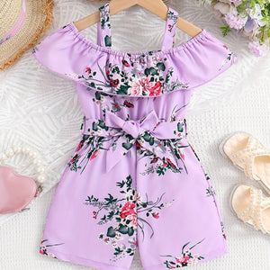 Girls Casual Ruffled Off-Shoulder Dress Flower Graphic Jumpsuit For Summer Girls Clothes