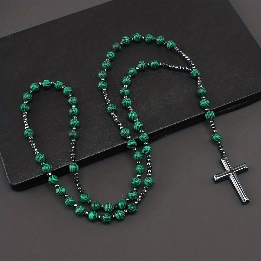 1pc Fashion Retro Style Jewelry, Natural Stone Round Beads Malachite Hematite Cross Religious Rosary Beads Men's Long Necklace, For Daily We