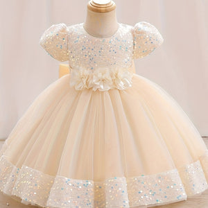 Sparkling Sequin Princess Tutu Dress for Girls - Midi, Belted, Puff-Sleeve with Comfort Viscose Lining, Perfect for Spring-to-Fall