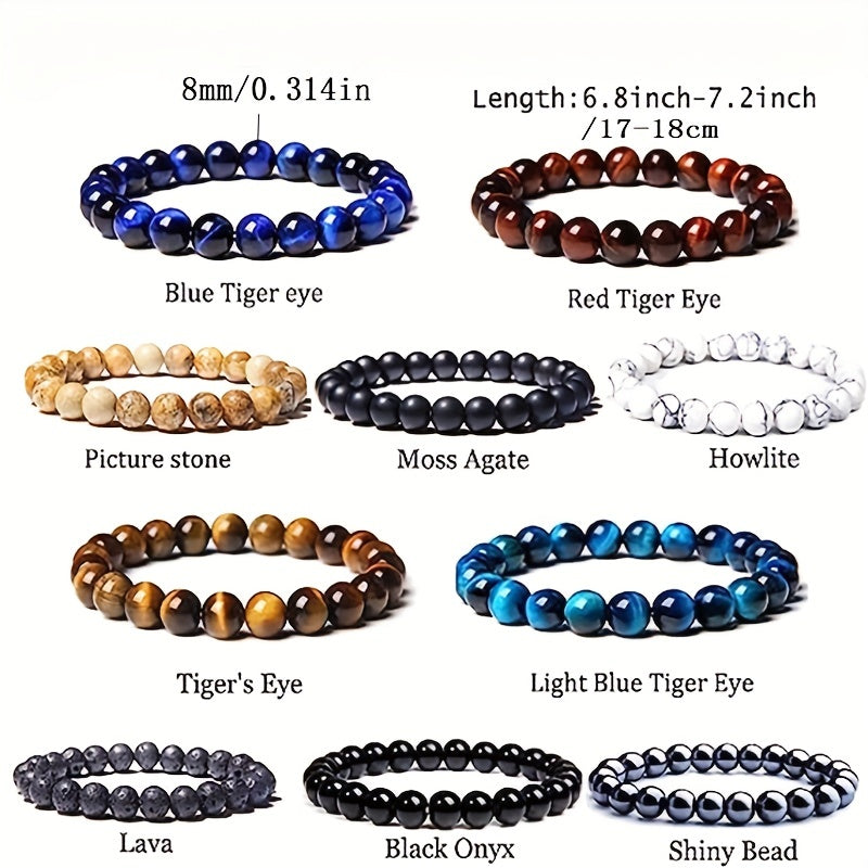 10pcs 8mm Semi Precious Stone Bracelet Round Beaded Bracelet, Crystal Heal Stretch Beaded Bracelets For Men, Bracelet Unisex, For Men And Wo