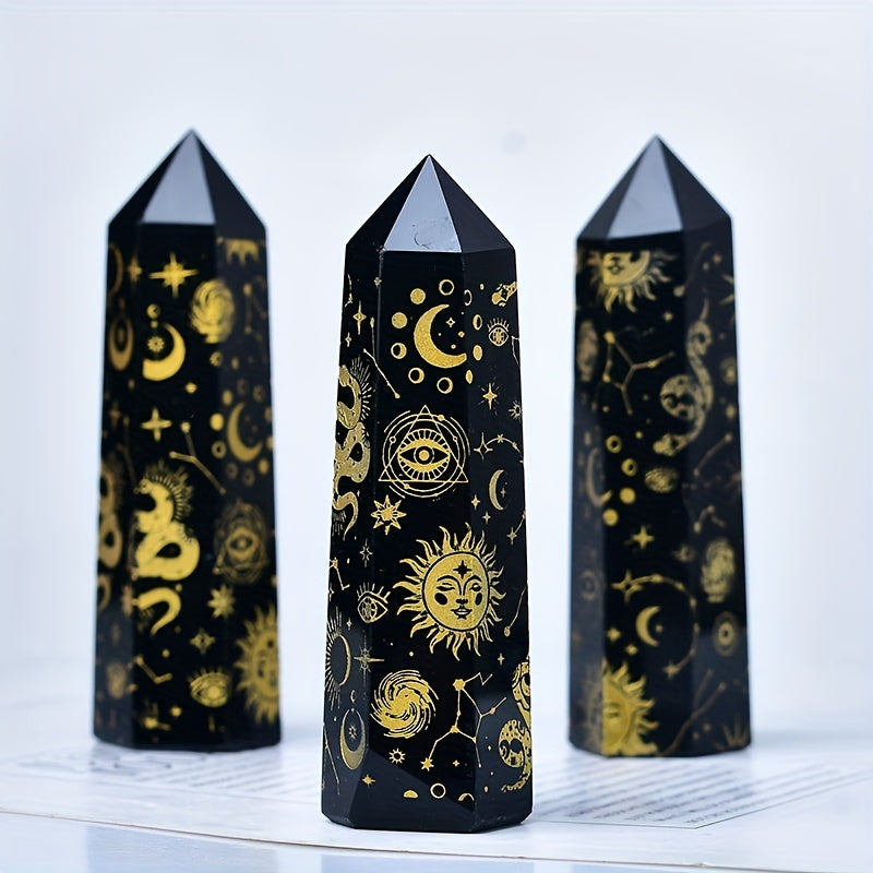 Black Obsidian Seven Main Chakras Symbolic Crystal Tower Healing Crystal The Seven Chakras Wand For Spiritual Use Hexagonal Point Reiki Chakra Gemsone Home Office Decoration