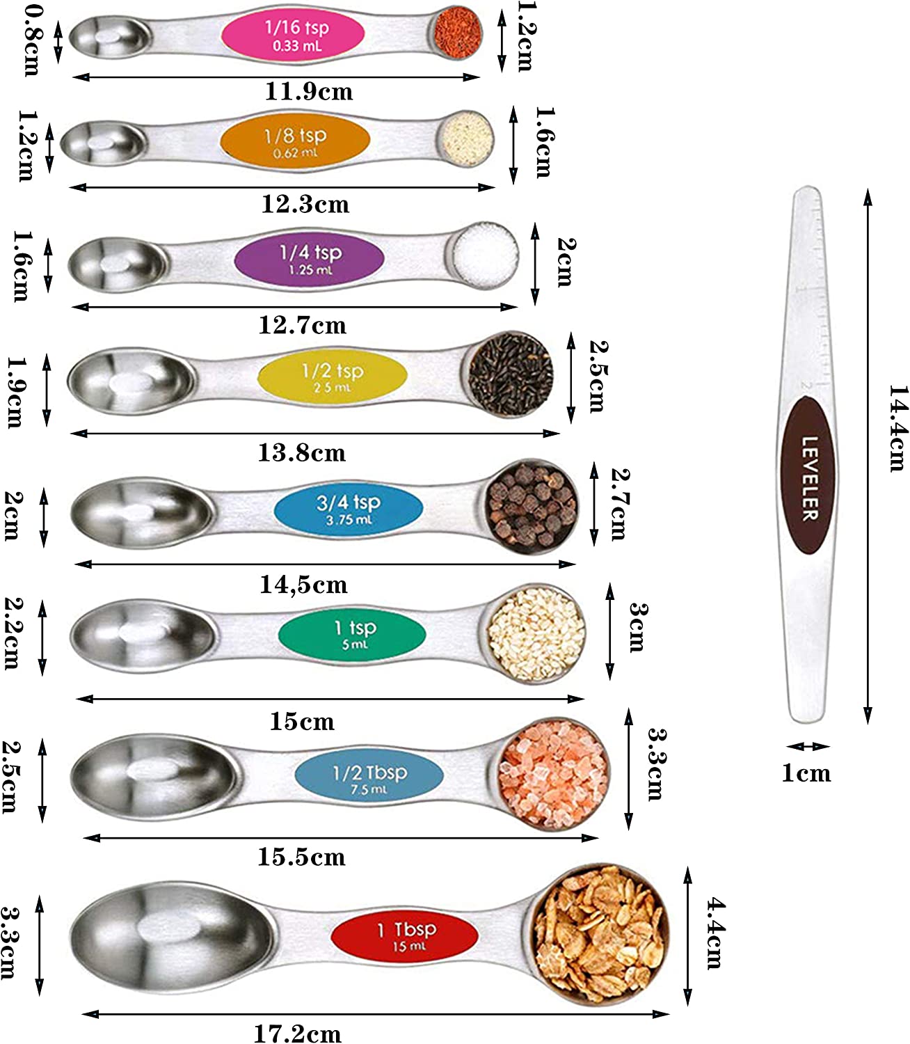 9pcs Stainless Steel Magnetic Measuring Spoons - Dual Sided for Liquid and Dry Ingredients - Fits in Spice Jars - Perfect for Measuring Accu