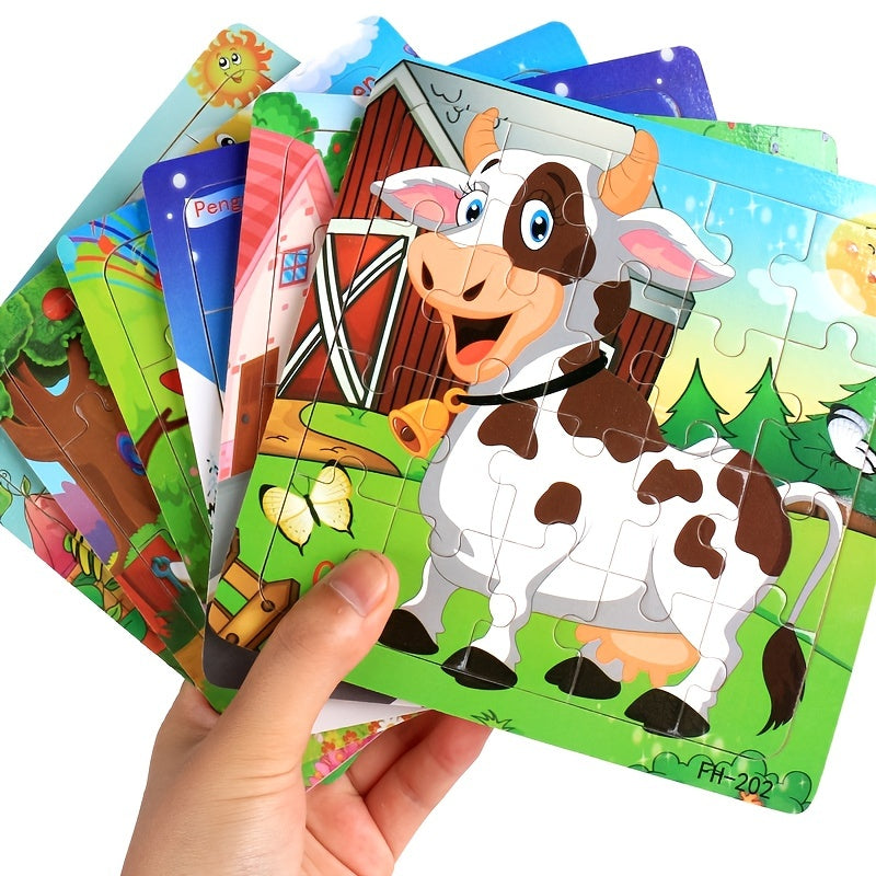 5.79in/14.7cm 20pcs/pack Wooden Puzzle Cartoon Animals Car Letter Number Pattern Jigsaw Puzzles Game, Kids Educational Learning Toys For Chi