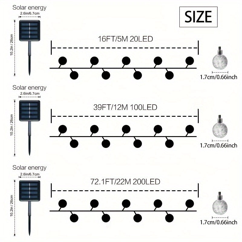 1pack 20/100/200 LED Crystal Globe Solar String Lights, Solar Outdoor Lights, With 8 Lighting Modes, Halloween Decorations Lights Outdoor Fo