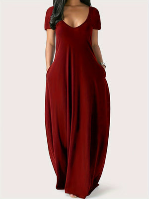 Elegant & Versatile Maxi Dress - Short Sleeve, Pockets, Mid-Elasticity for Women, Ideal for Spring to Fall