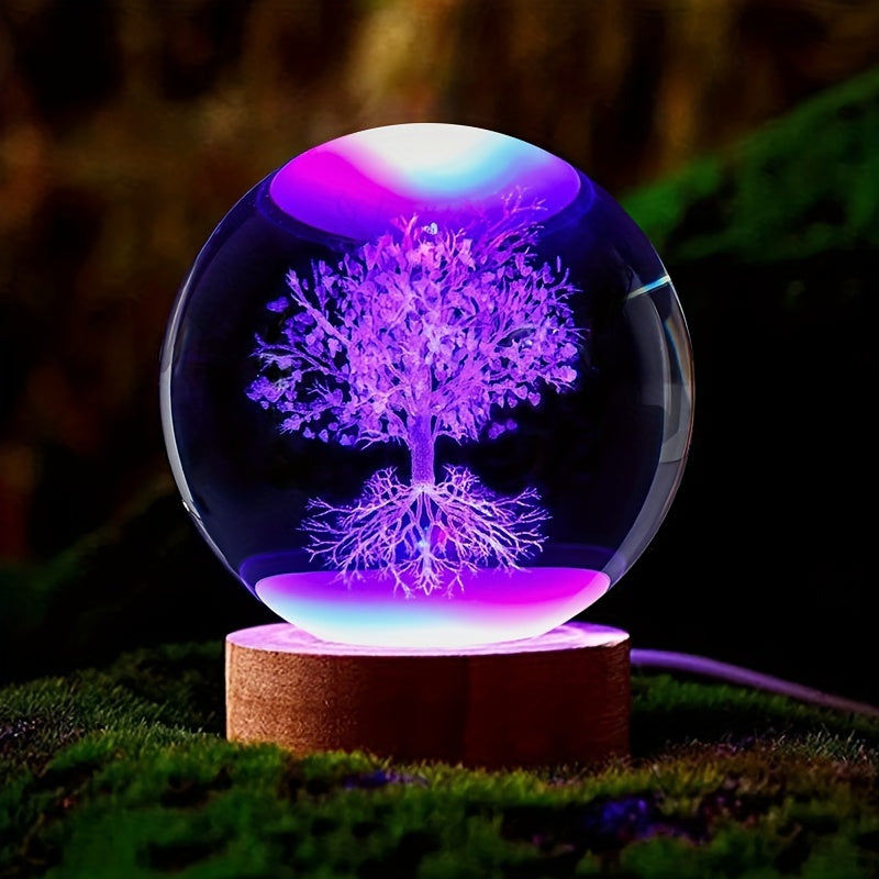 1pc Tree Of Life Crystal Ball Colour Little Night Light, Decorative Birthday And Holiday Gifts, 3D Laser Engraved Glass Plant Life Tree Sphe