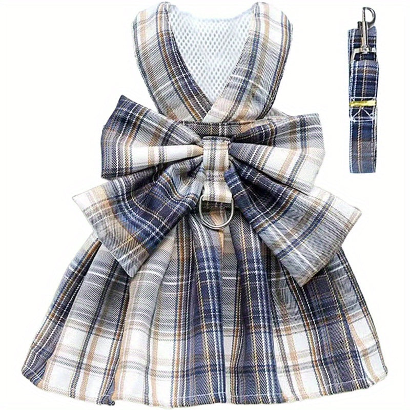 Plaid Dog Dress Bow Tie Harness Leash Set For Small Dogs Cats Cute Princess Dog Dresses Spring Summer Puppy Bunny Rabbit Clothes Bowknot Tut