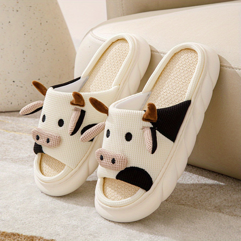 Women's Cartoon Cute Cow House Slippers, Platform Soft Sole Anti-slip Warm Plush Home Slides, Women's Indoor Cozy Shoes