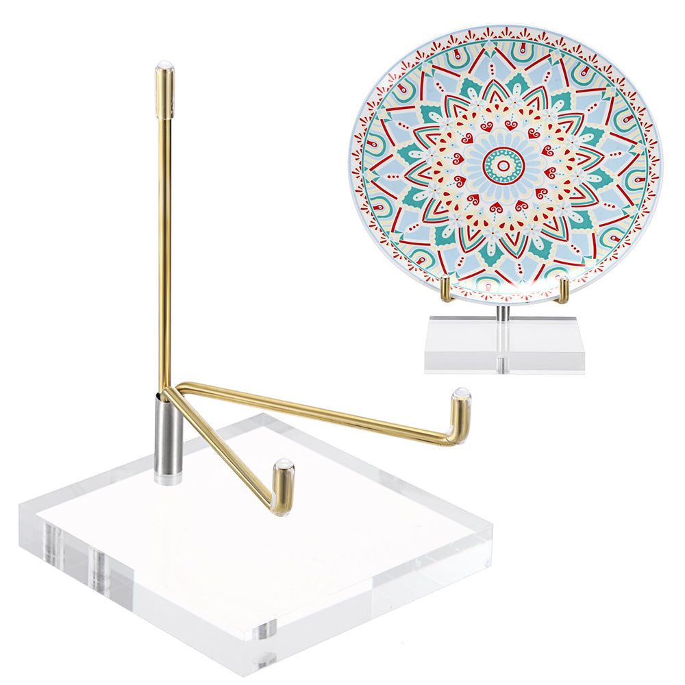 Clear Acrylic Display Stand Holder with Adjustable Metal Arms, Gold Plates Display Stand Easel for Plate Geodes Fossils Minerals Crystals