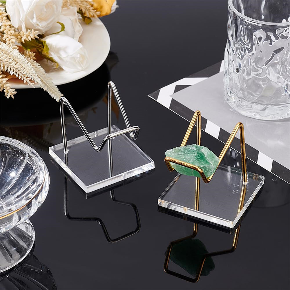 Acrylic Display Stand Gold Metal Arms Display Easel with Acrylic Base Decorative Display Pedestals Acrylic Small Mineral Crystal Display Stand for Gemstone Decor Collectibles