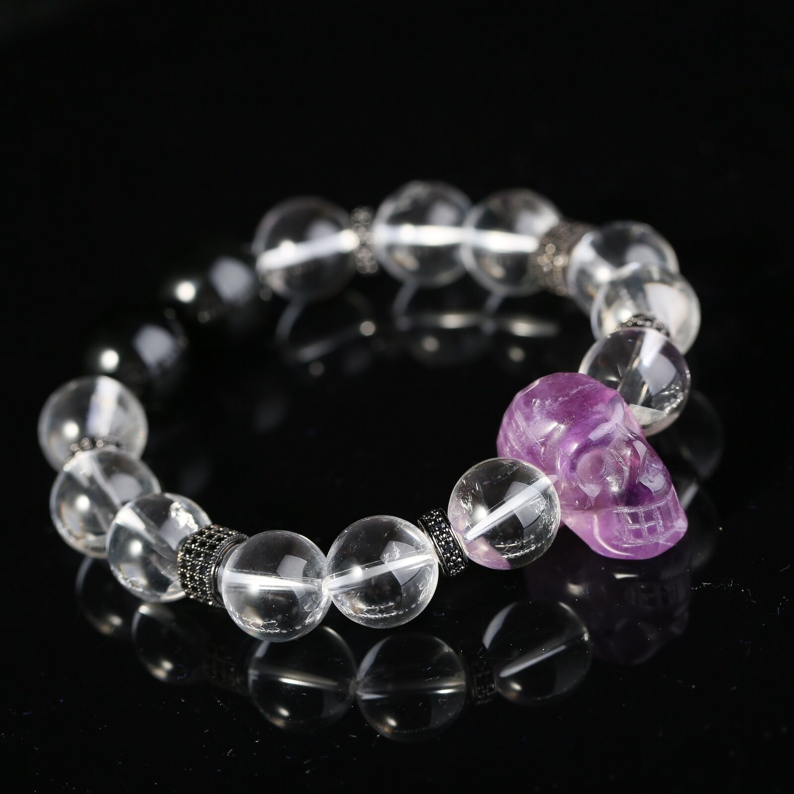 Purple Amethyst Skull Gothic Bracelet Fashion White QUARTZ Crystal Beads Jewelry