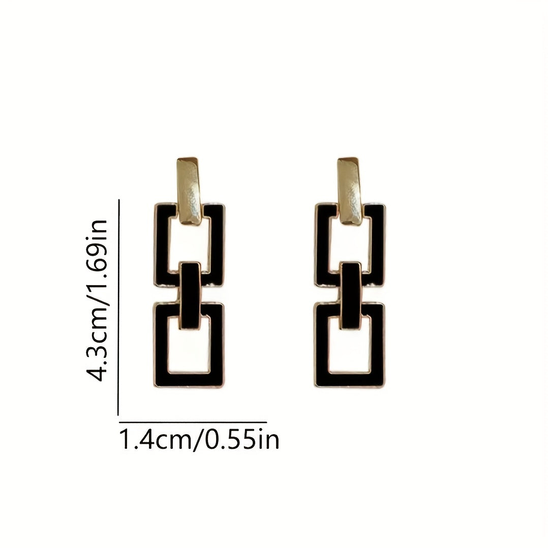 Hollow Rectangle Shape Black Enamel Dangle Earrings Japanese / Korean Style Alloy Jewelry Daily Wear Accessories