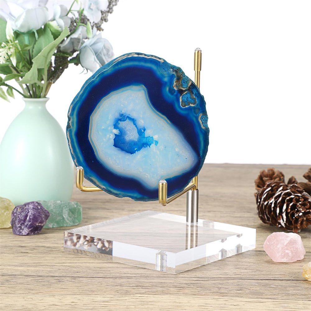 Clear Acrylic Display Stand Holder with Adjustable Metal Arms, Gold Plates Display Stand Easel for Plate Geodes Fossils Minerals Crystals