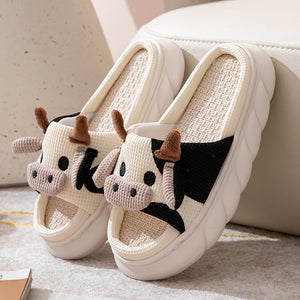 Women's Cartoon Cute Cow House Slippers, Platform Soft Sole Anti-slip Warm Plush Home Slides, Women's Indoor Cozy Shoes