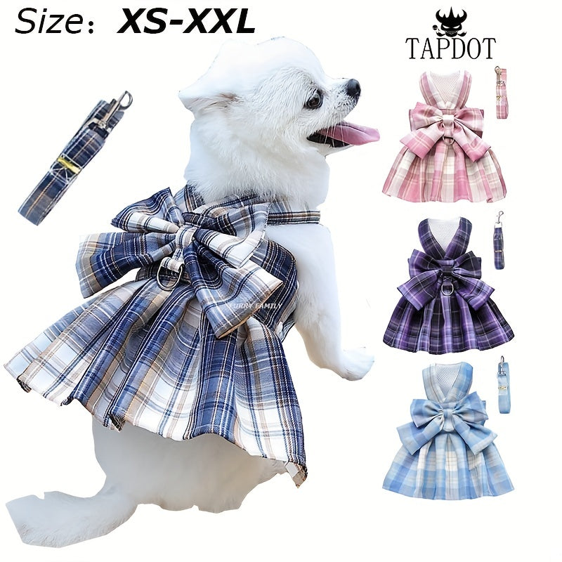 Plaid Dog Dress Bow Tie Harness Leash Set For Small Dogs Cats Cute Princess Dog Dresses Spring Summer Puppy Bunny Rabbit Clothes Bowknot Tut