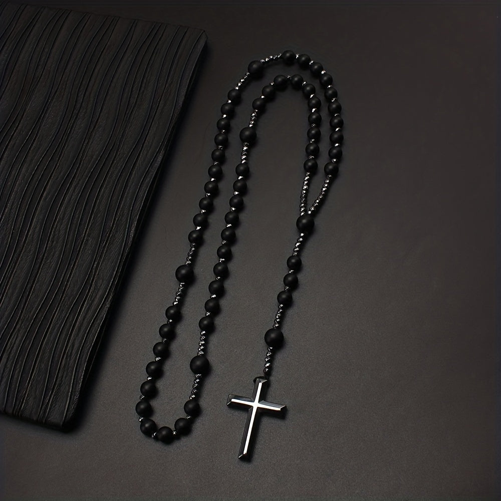 1pc Natural Stone 8mm Tiger Eye Stone Rosary Black Gallstone Cross Men's Raw Stone Necklace