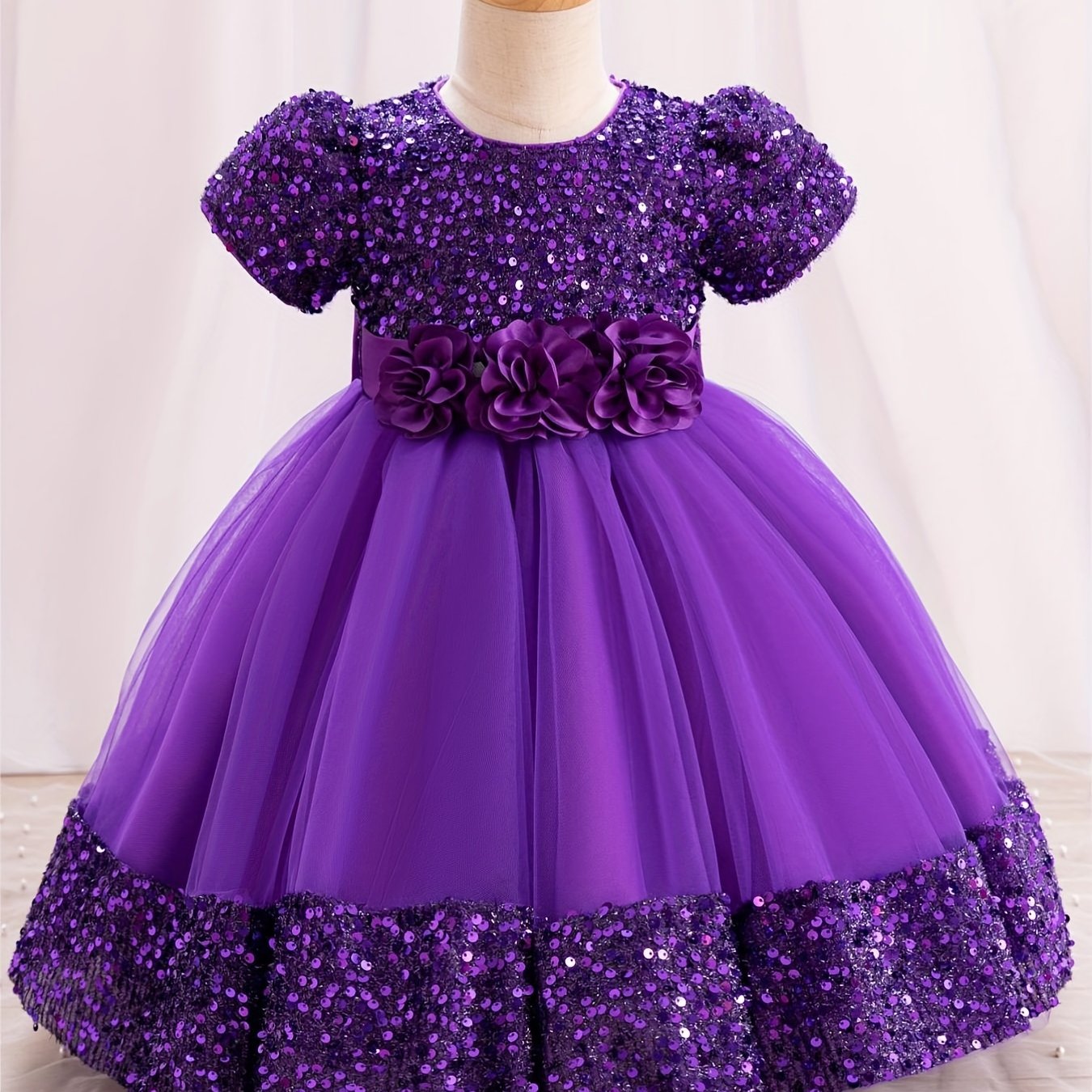 Sparkling Sequin Princess Tutu Dress for Girls - Midi, Belted, Puff-Sleeve with Comfort Viscose Lining, Perfect for Spring-to-Fall