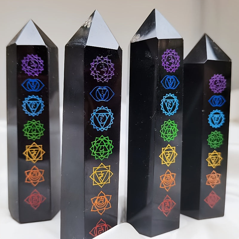 Black Obsidian Seven Main Chakras Symbolic Crystal Tower Healing Crystal The Seven Chakras Wand For Spiritual Use Hexagonal Point Reiki Chakra Gemsone Home Office Decoration