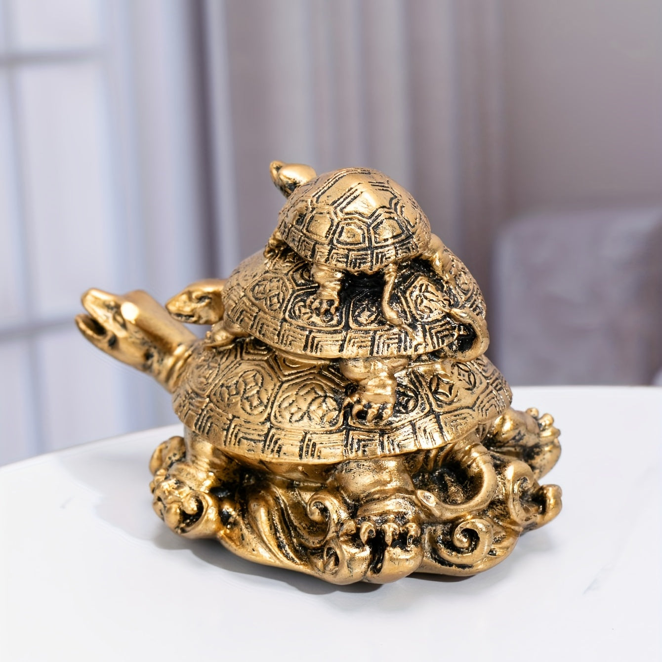 1pc, Feng Shui Three Tier Tortoise (Three Generation Turtle) Golden Resin Statue, Art Tortoise Sculpture Model, Resin Animal Home Decoration