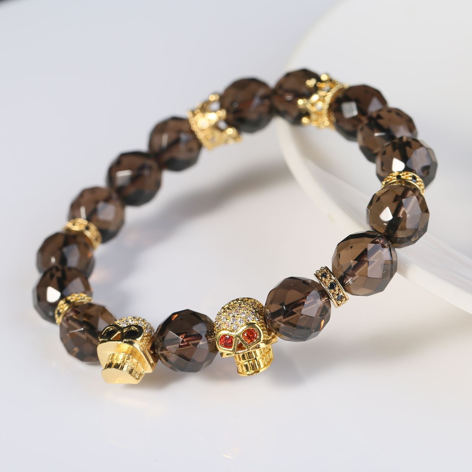 Bracelets Men Fashion Jewelry Twin Skulls Smoky Quartz Citrine Healing Gothic