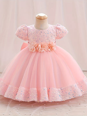 Sparkling Sequin Princess Tutu Dress for Girls - Midi, Belted, Puff-Sleeve with Comfort Viscose Lining, Perfect for Spring-to-Fall