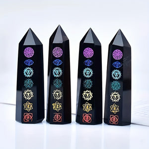 Black Obsidian Seven Main Chakras Symbolic Crystal Tower Healing Crystal The Seven Chakras Wand For Spiritual Use Hexagonal Point Reiki Chakra Gemsone Home Office Decoration