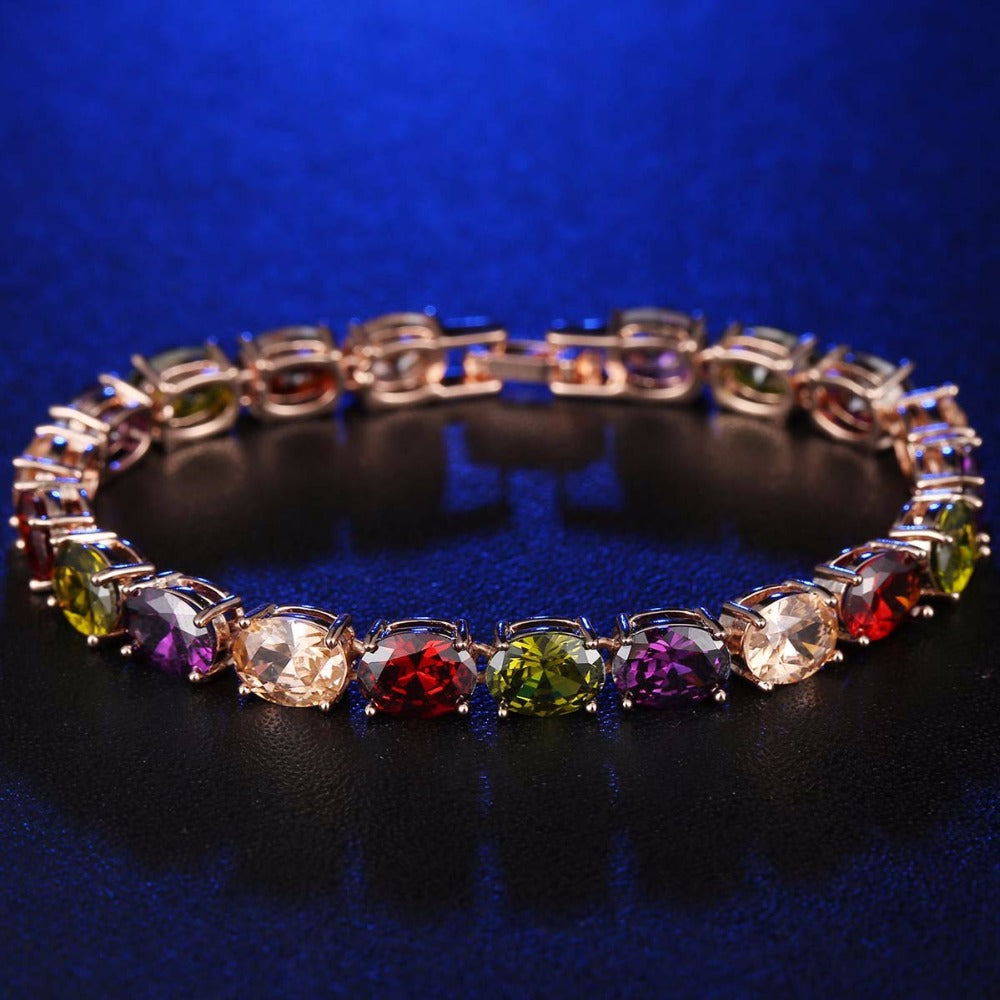 Inlaid Oval Cut Colorful Zircon Bangle Bracelet For Women Anniversary Gift