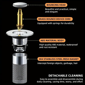 "Easy-to-Install Stainless Steel Sink Strainer & Stopper | Anti-Odor, Pop-Up Design for 1.3-1.6"" Drains | Sleek Bathroom Accessory"