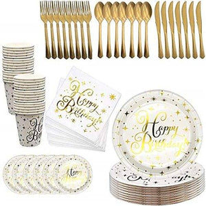 112PCS Bronzing Gold Happy Birthday Paper Plates Party Supplies Tableware Set Set US Local Shipping