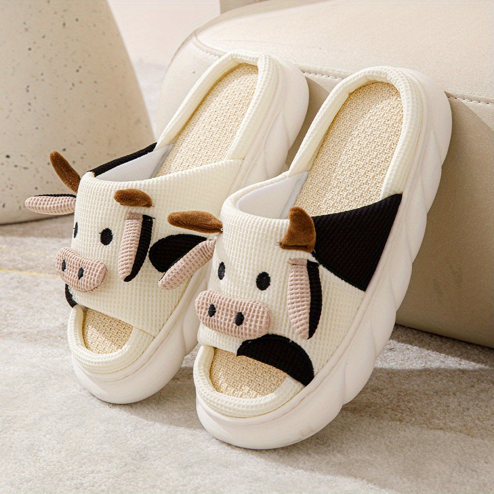 Women's Cartoon Cute Cow House Slippers, Platform Soft Sole Anti-slip Warm Plush Home Slides, Women's Indoor Cozy Shoes